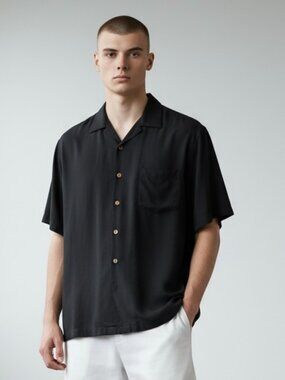 Three Palms Silk Shirt Men’s XL Black Button Up Short Sleeve